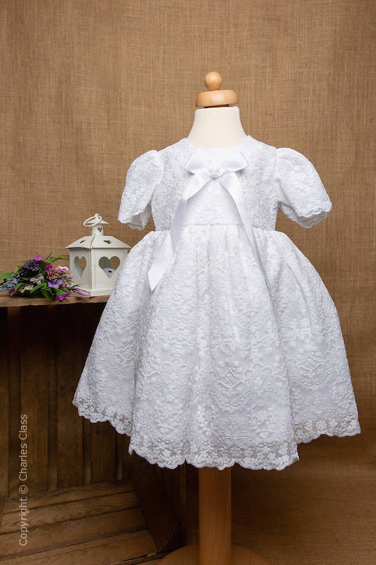 White Lace Flower Girl Dress with Ribbon Bow - Betsy